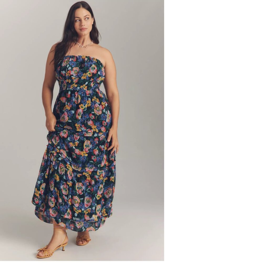 Anthropologie Navy Strapless Floral Tiered Maxi Dress